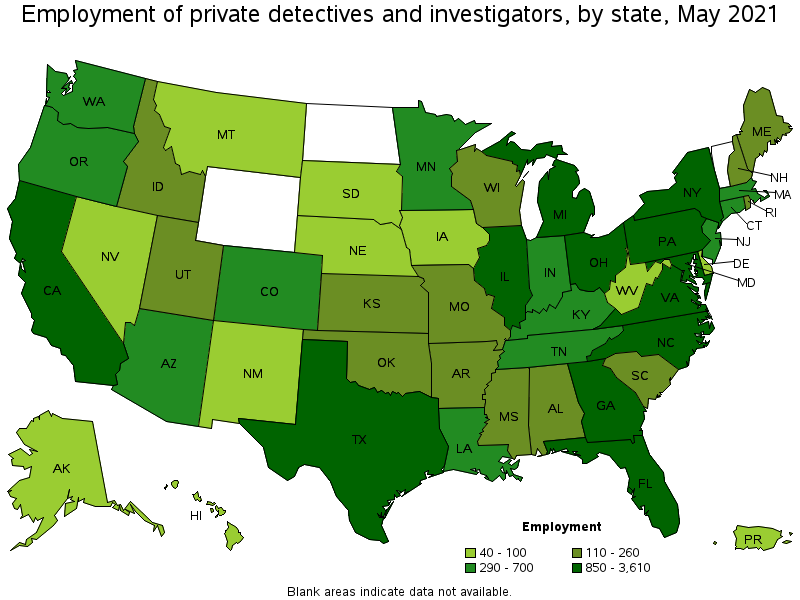 Map of employment of private detectives and investigators by state, May 2021