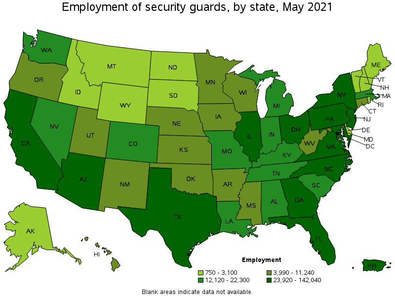 Map of employment of security guards by state, May 2021