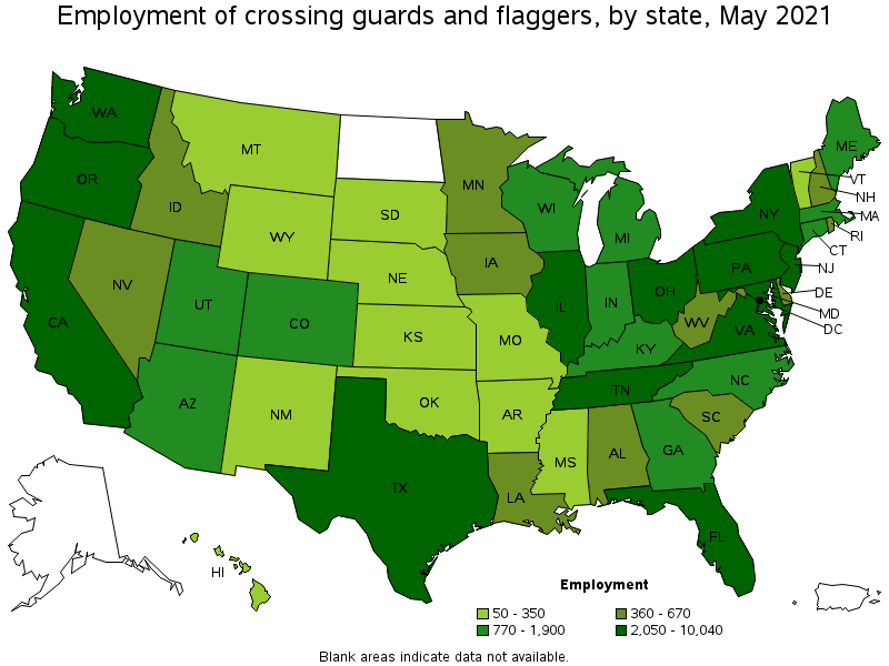 Map of employment of crossing guards and flaggers by state, May 2021