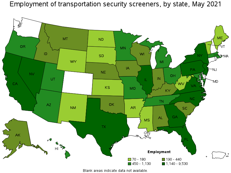 Map of employment of transportation security screeners by state, May 2021