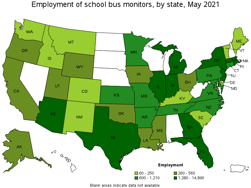 Map of employment of school bus monitors by state, May 2021