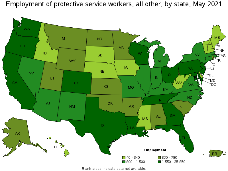 Map of employment of protective service workers, all other by state, May 2021