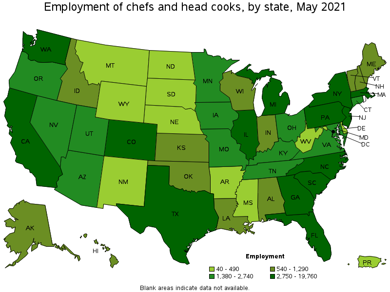 Map of employment of chefs and head cooks by state, May 2021