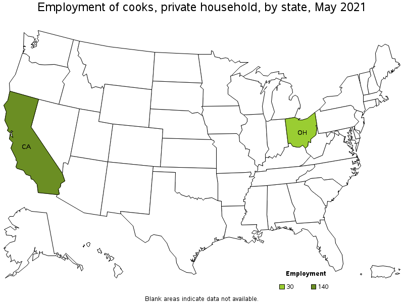 Map of employment of cooks, private household by state, May 2021