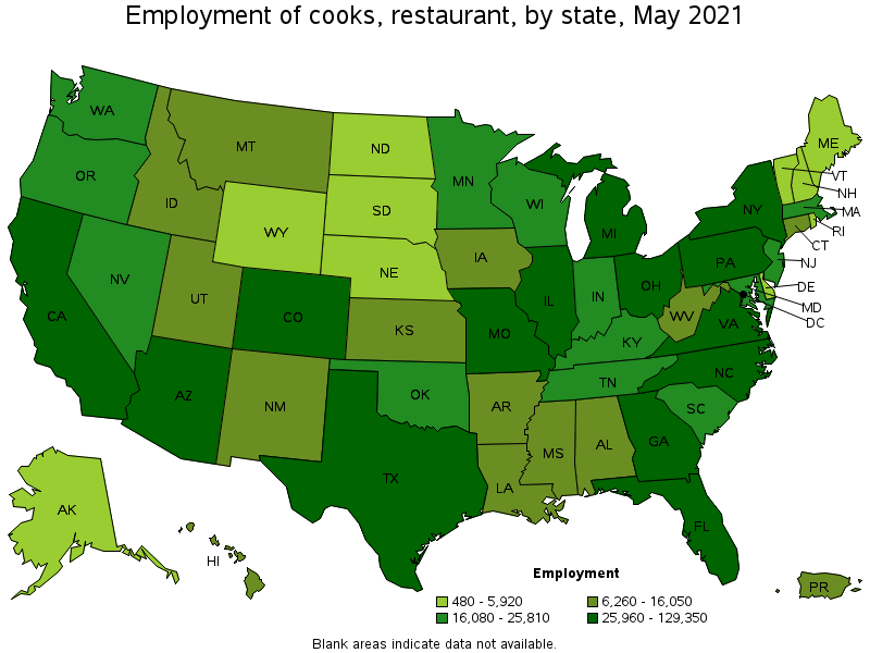 Map of employment of cooks, restaurant by state, May 2021