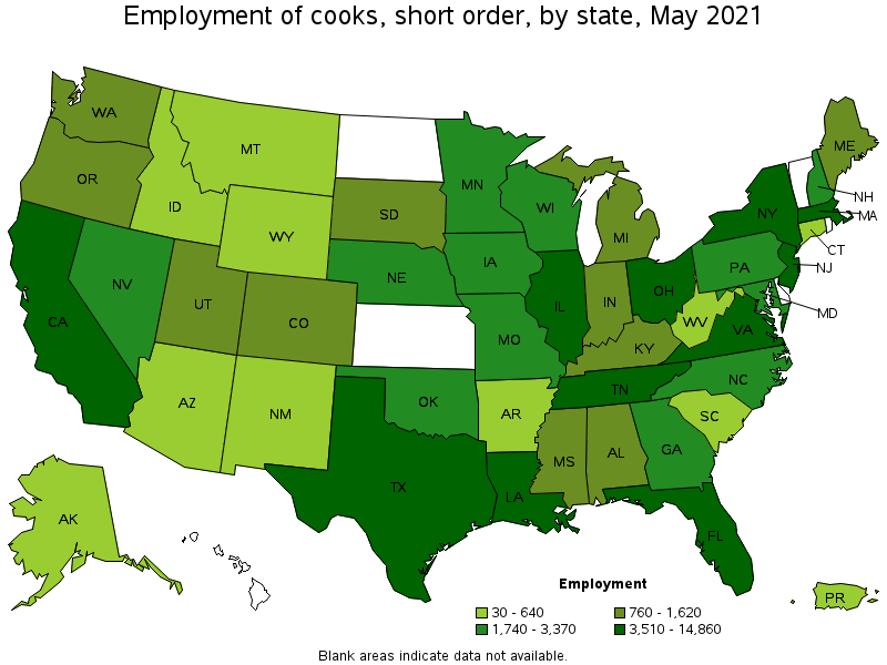 Map of employment of cooks, short order by state, May 2021