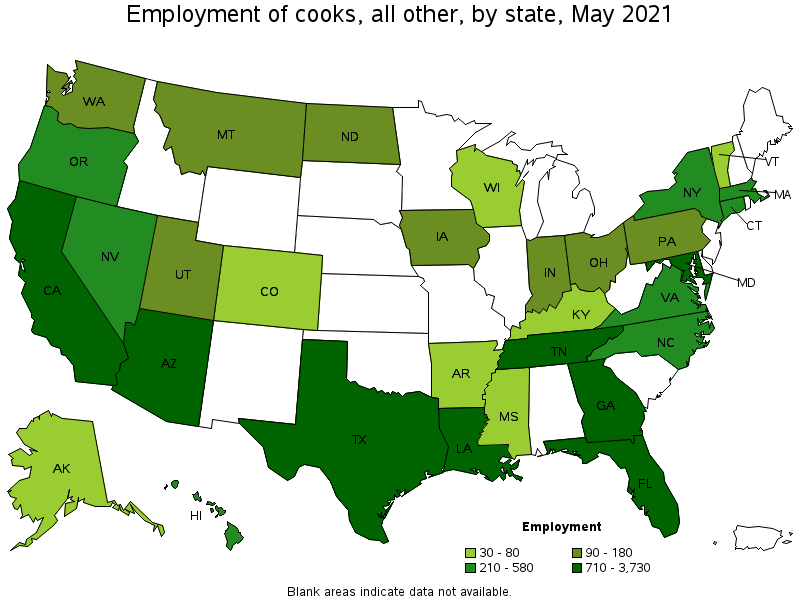 Map of employment of cooks, all other by state, May 2021