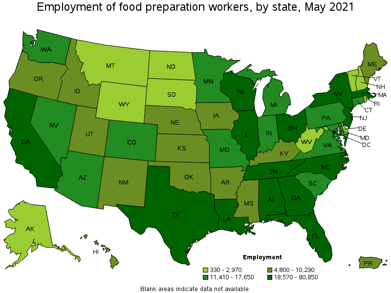 Map of employment of food preparation workers by state, May 2021