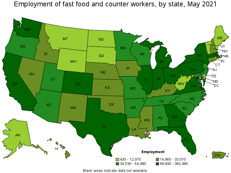 Map of employment of fast food and counter workers by state, May 2021