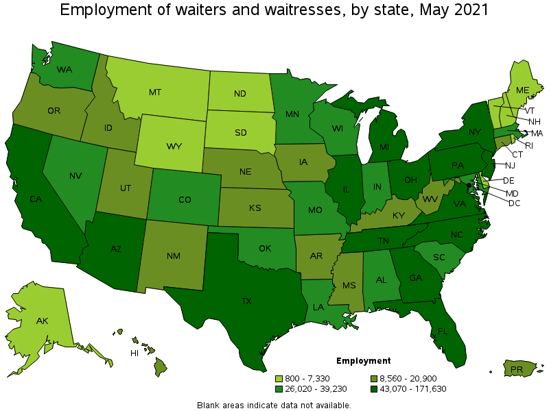 Map of employment of waiters and waitresses by state, May 2021