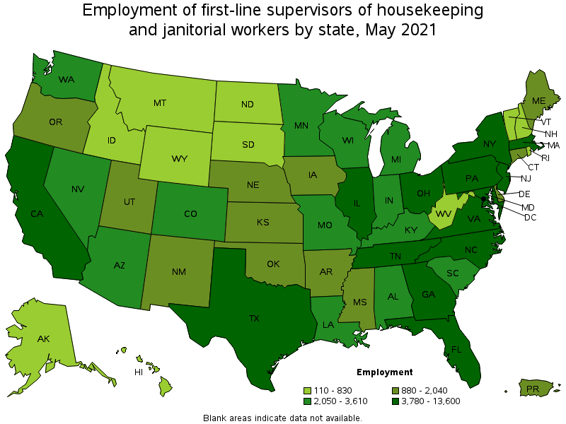 Map of employment of first-line supervisors of housekeeping and janitorial workers by state, May 2021