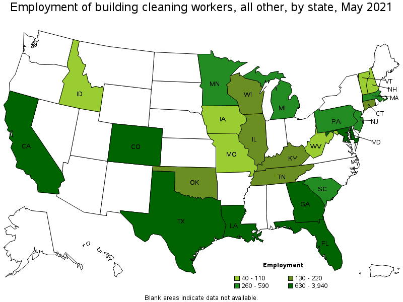 Map of employment of building cleaning workers, all other by state, May 2021
