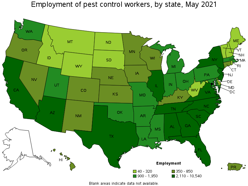 Map of employment of pest control workers by state, May 2021