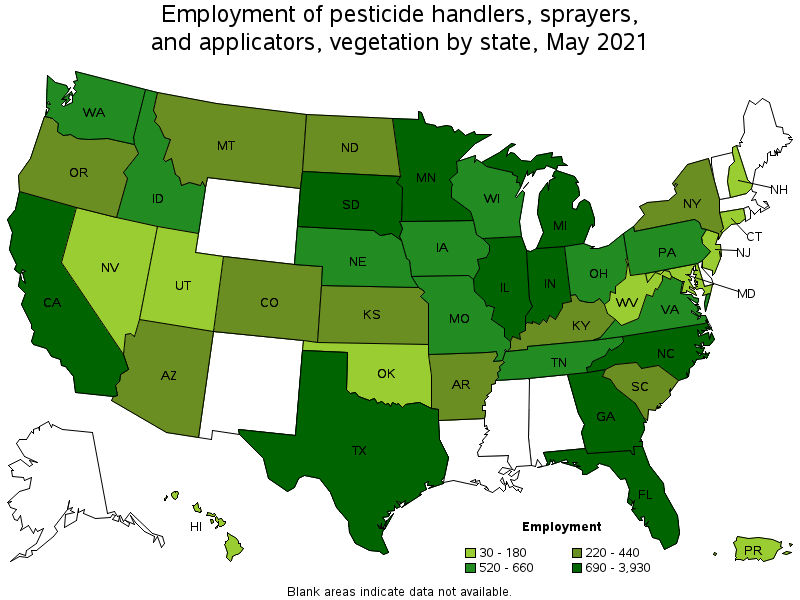 Map of employment of pesticide handlers, sprayers, and applicators, vegetation by state, May 2021