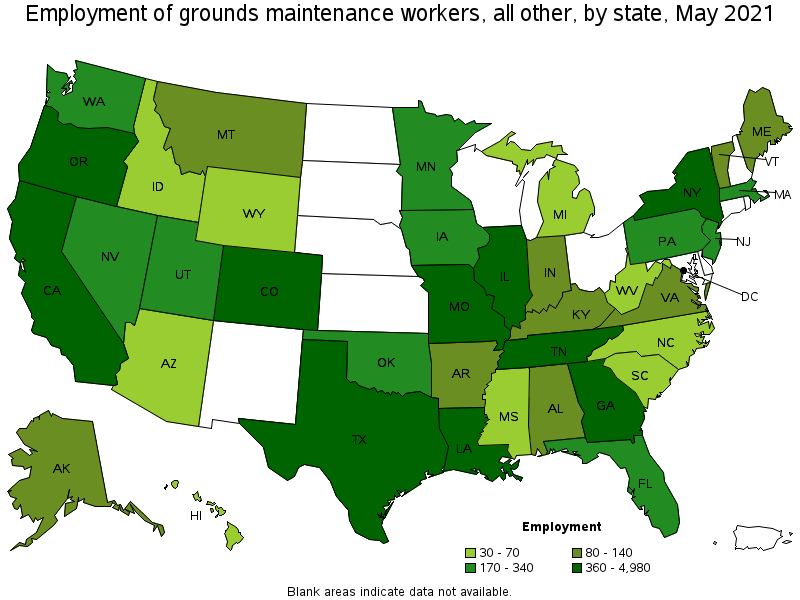 Map of employment of grounds maintenance workers, all other by state, May 2021