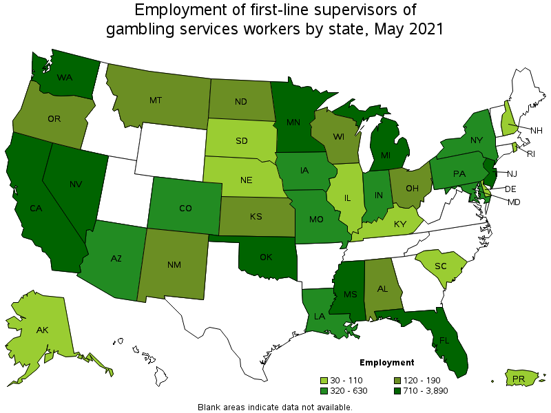 Map of employment of first-line supervisors of gambling services workers by state, May 2021