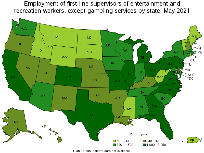 Map of employment of first-line supervisors of entertainment and recreation workers, except gambling services by state, May 2021