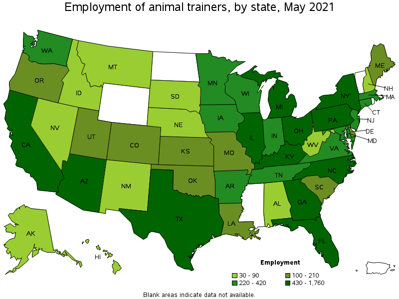 Map of employment of animal trainers by state, May 2021