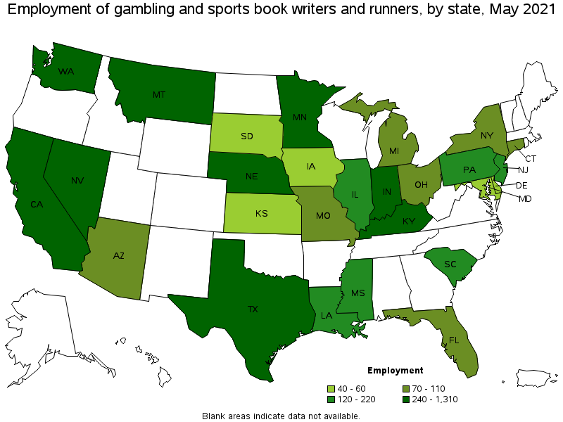 Map of employment of gambling and sports book writers and runners by state, May 2021