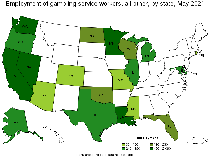 Map of employment of gambling service workers, all other by state, May 2021