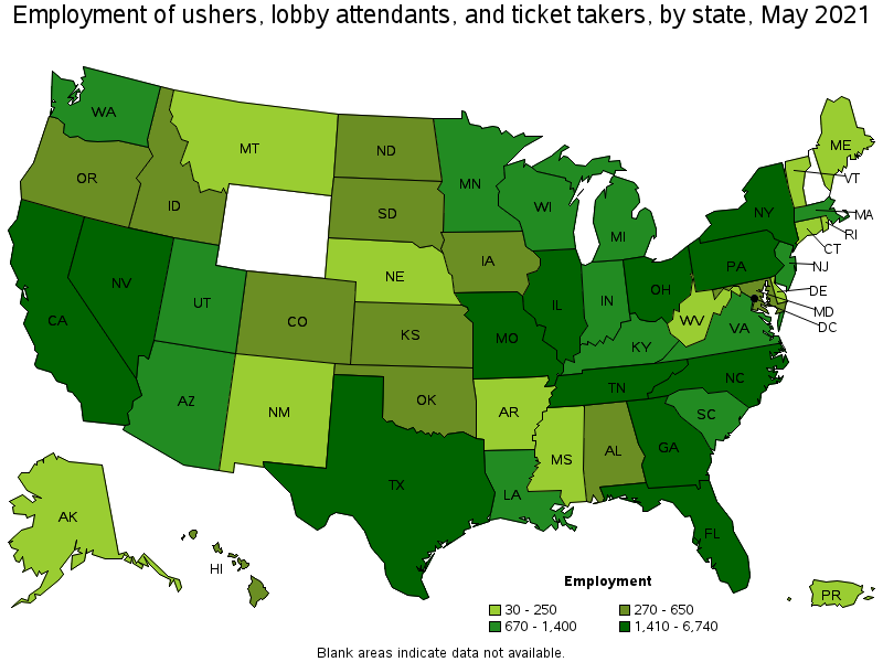 Map of employment of ushers, lobby attendants, and ticket takers by state, May 2021