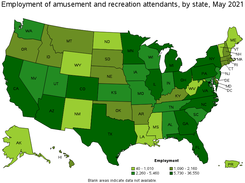Map of employment of amusement and recreation attendants by state, May 2021