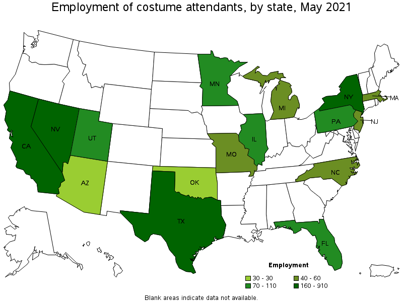 Map of employment of costume attendants by state, May 2021