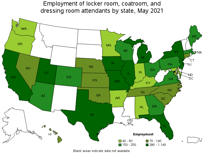 Map of employment of locker room, coatroom, and dressing room attendants by state, May 2021