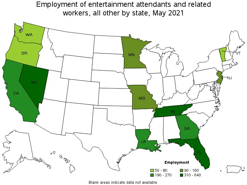Map of employment of entertainment attendants and related workers, all other by state, May 2021