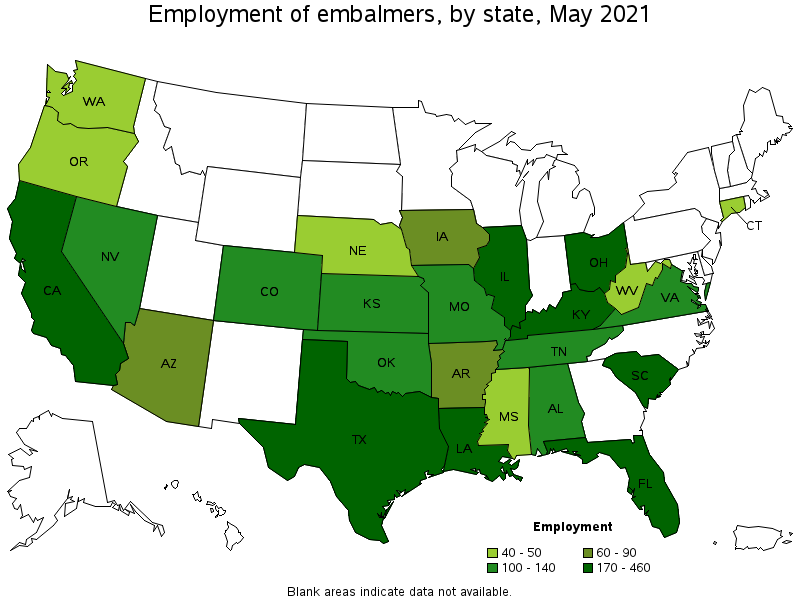 Map of employment of embalmers by state, May 2021