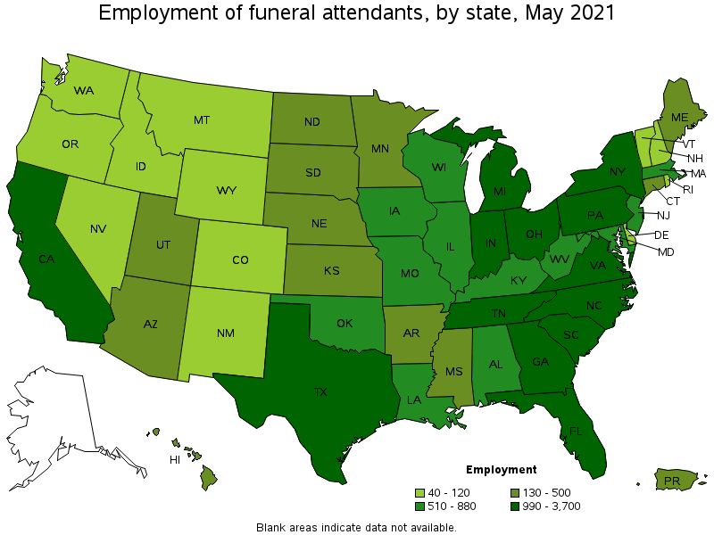 Map of employment of funeral attendants by state, May 2021