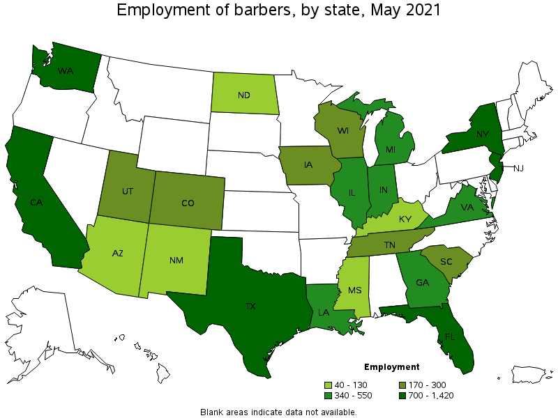 Map of employment of barbers by state, May 2021