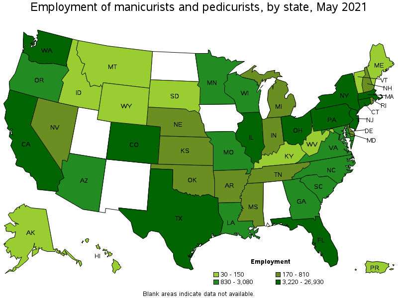 Map of employment of manicurists and pedicurists by state, May 2021