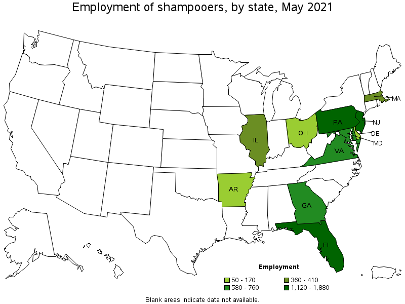 Map of employment of shampooers by state, May 2021