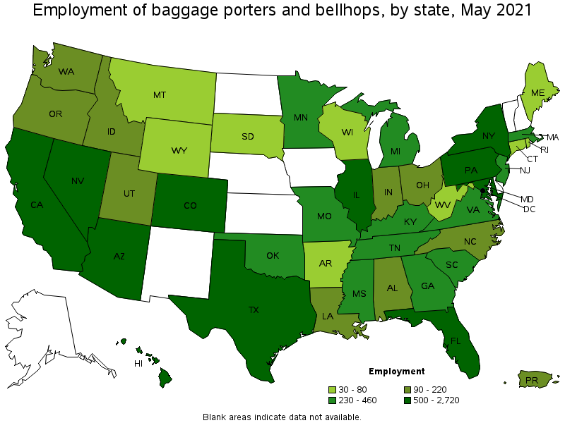 Map of employment of baggage porters and bellhops by state, May 2021