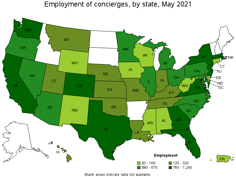 Map of employment of concierges by state, May 2021