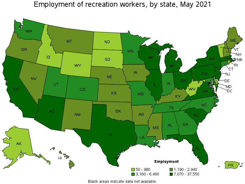 Map of employment of recreation workers by state, May 2021