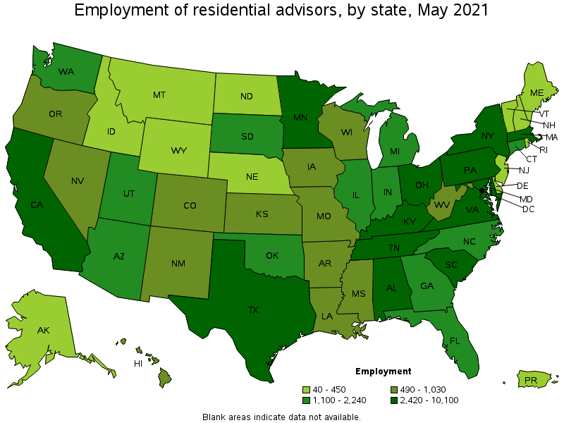Map of employment of residential advisors by state, May 2021