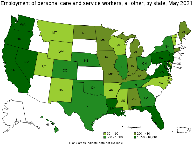 Map of employment of personal care and service workers, all other by state, May 2021