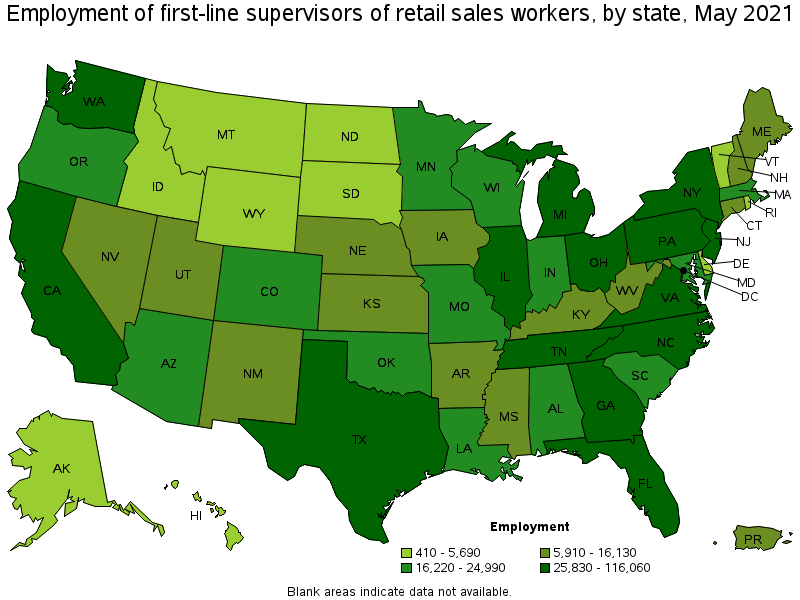 Map of employment of first-line supervisors of retail sales workers by state, May 2021