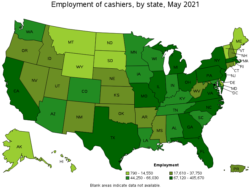 Map of employment of cashiers by state, May 2021