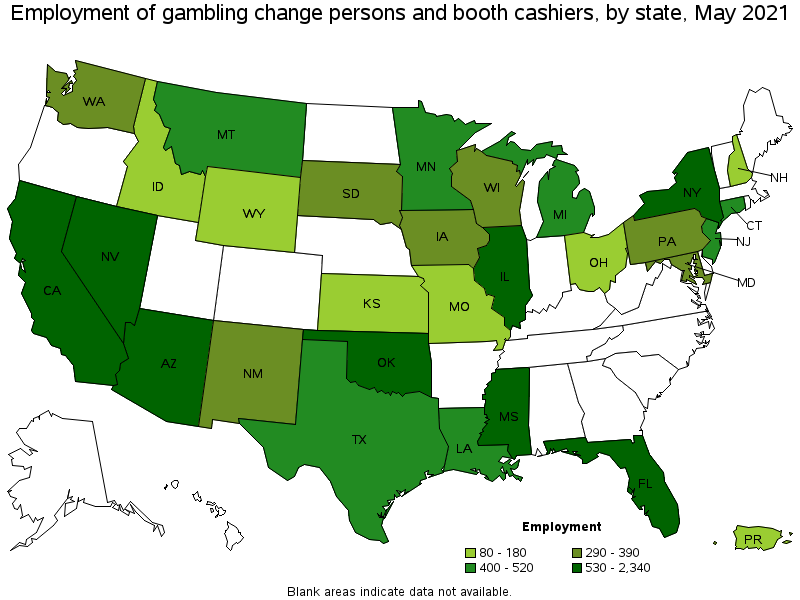 Map of employment of gambling change persons and booth cashiers by state, May 2021