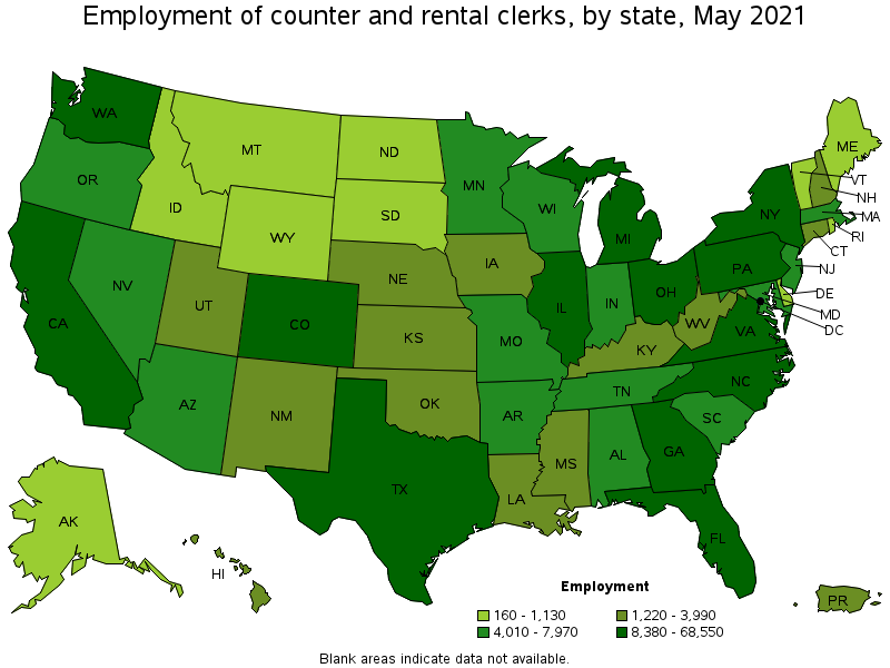 Map of employment of counter and rental clerks by state, May 2021