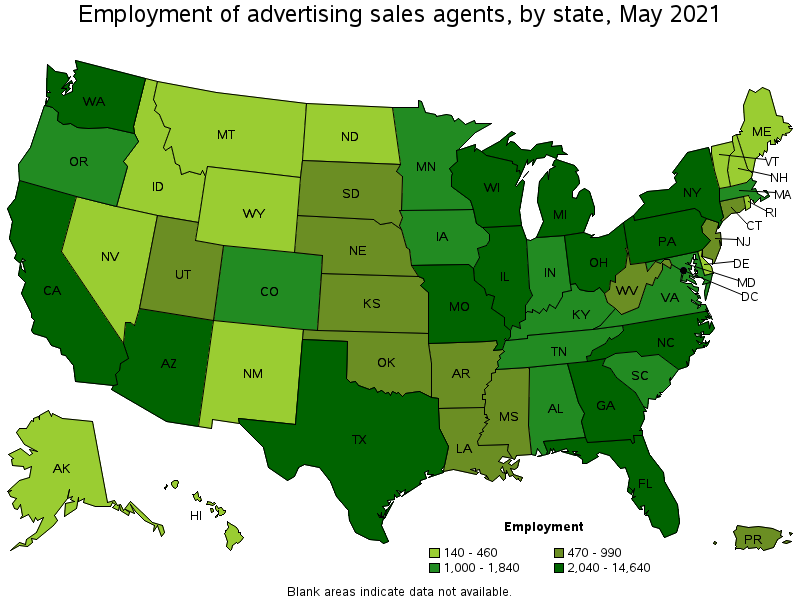Map of employment of advertising sales agents by state, May 2021