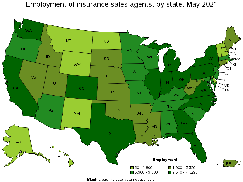 Map of employment of insurance sales agents by state, May 2021