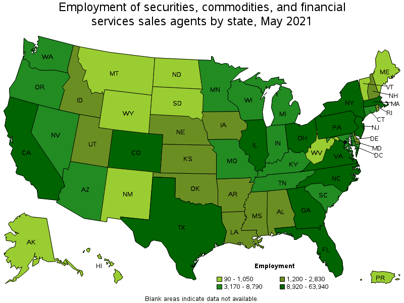 Map of employment of securities, commodities, and financial services sales agents by state, May 2021