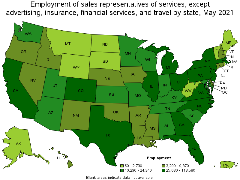 Map of employment of sales representatives of services, except advertising, insurance, financial services, and travel by state, May 2021