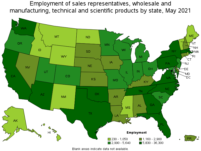 Map of employment of sales representatives, wholesale and manufacturing, technical and scientific products by state, May 2021