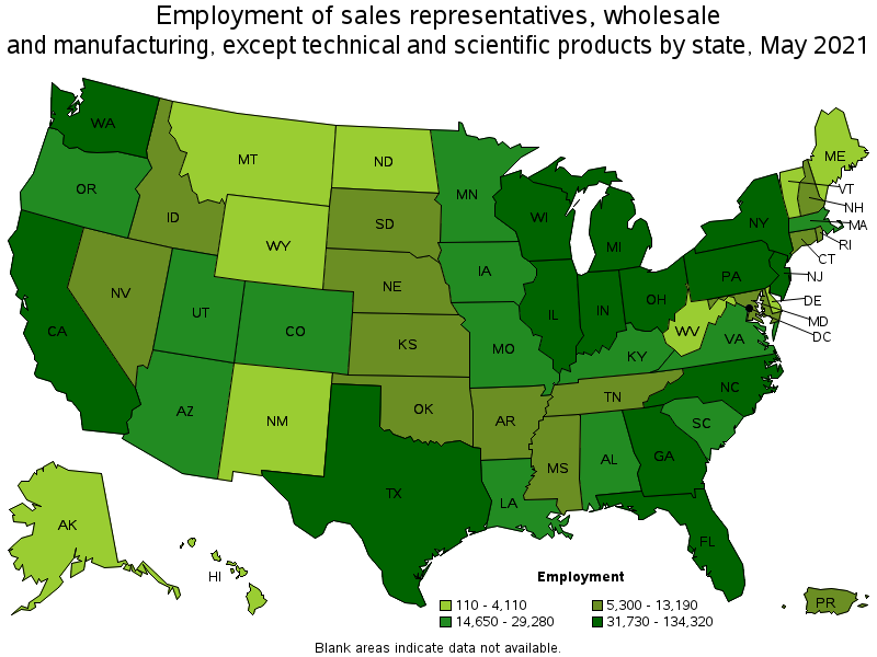 Map of employment of sales representatives, wholesale and manufacturing, except technical and scientific products by state, May 2021