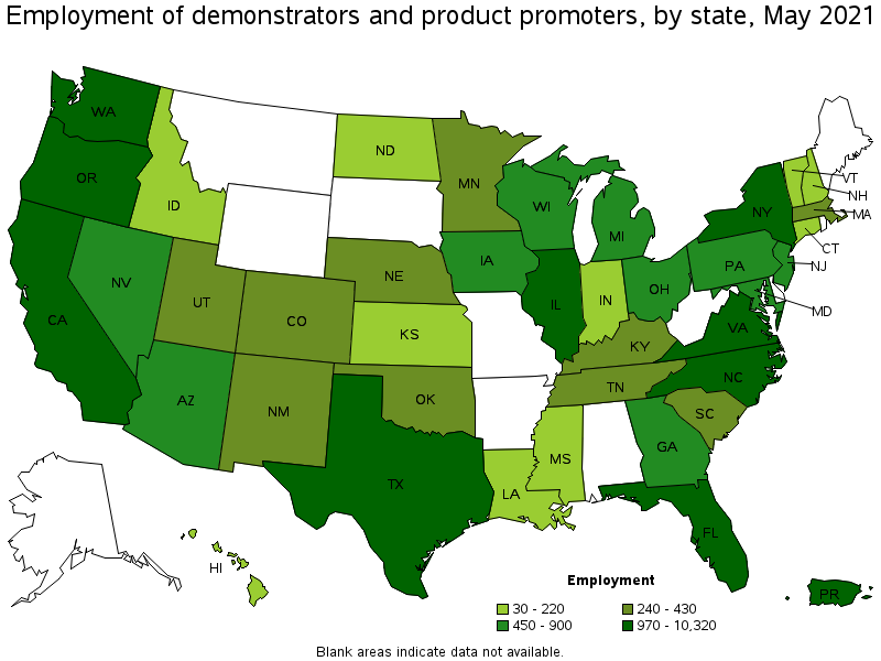Map of employment of demonstrators and product promoters by state, May 2021